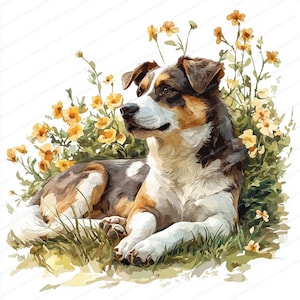 21 honden ontspannende clipart | Onder bloeiende struikschaduw | Afdrukbare aquarel clipart | Hoge kwaliteit JPG's | Papierkunst | Junkjournaal