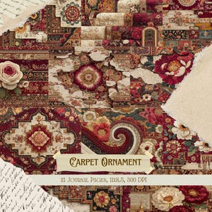 Puede incluir: Un collage de patrones de alfombras vintage en tonos rojos, crema y dorado, con diseños florales y geométricos. La imagen incluye elementos de papel rasgado y el texto "CARPET ORNAMENT" y "21 JOURNAL PAGES, 11x8.5, 300 DPI."
