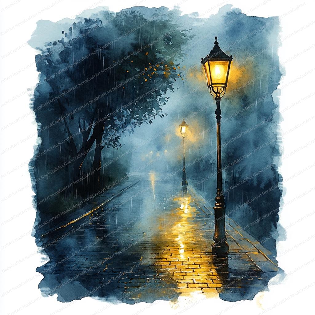 22 街灯 雨の歩道 クリップアート | 夜間の都市風景イラスト | 印刷