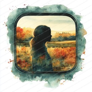May include: Watercolor painting of a woman's silhouette looking out a window at a fall landscape. The scene features a field of red and yellow foliage, with trees and a soft, golden sky. The artwork is framed by a teal border.