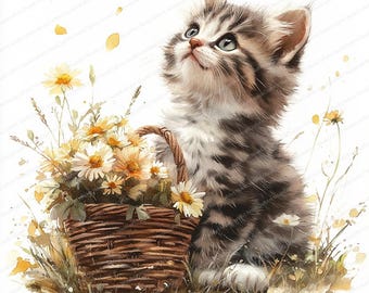 19 Kitten With Flower Basket Clipart Charming Cat and Floral