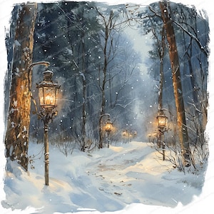 Könnte beinhalten: Aquarellmalerei eines verschneiten Waldweges, der von verzierten Straßenlaternen beleuchtet wird. Der Weg ist von Bäumen gesäumt, und die Szene ist mit Schnee bedeckt. Die Lampen werfen ein warmes Licht in die Winterlandschaft.