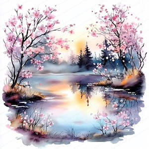 18 Dreamy Water Landscape Clipart | Wydrukowalne akwarelowe cliparty | Wysokiej jakości pliki JPG | Pobieranie cyfrowe | Rękodzieło papierowe | Junk Journal