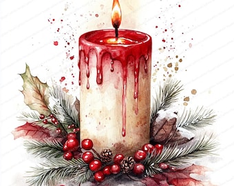 May include: Watercolor illustration of a lit red candle with wax dripping down the sides. The candle is surrounded by a festive arrangement of red berries, pine needles, and leaves, evoking a holiday theme.