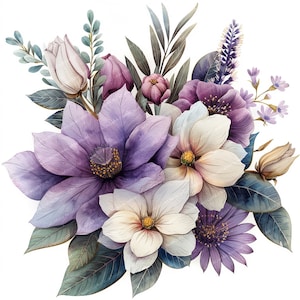 12 Clipart de buquê de flores roxas | Floral violeta | Clipart de aquarela para impressão | JPG de alta qualidade | Download digital | Artesanato em papel