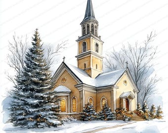 20 クリスマス教会クリップアート | 冬の教会のイラスト | 印刷可能な