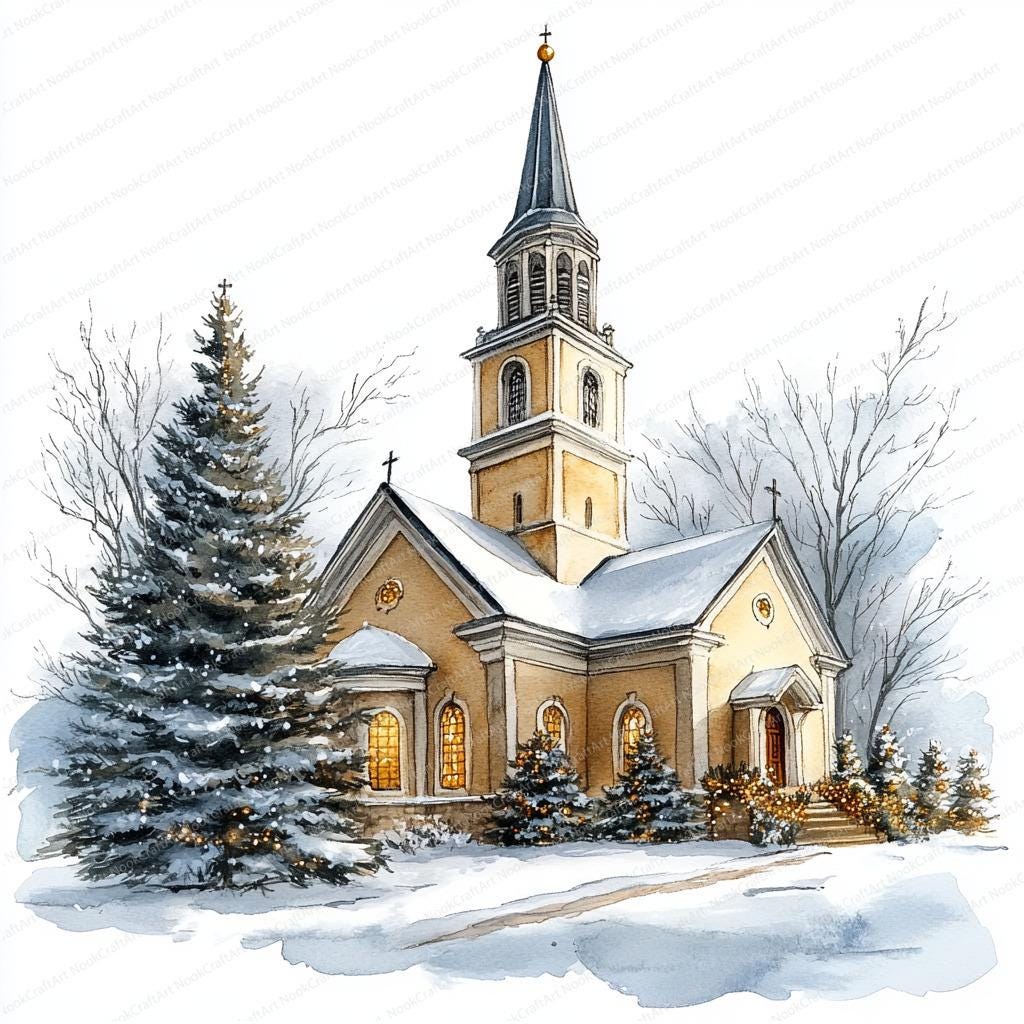 20 クリスマス教会クリップアート | 冬の教会のイラスト | 印刷可能な