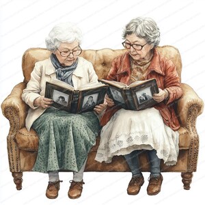 May include: Two women wearing glasses sit on a brown leather couch and look at a photo album together. The album is open and shows black and white photos. The women are wearing casual clothing and have gray hair.