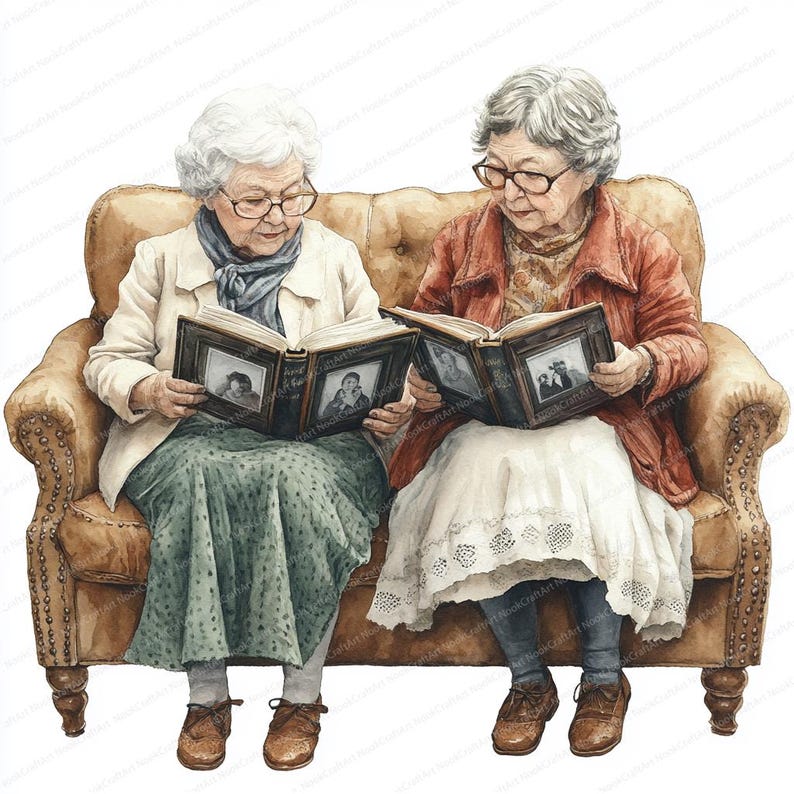 May include: Two women wearing glasses sit on a brown leather couch and look at a photo album together. The album is open and shows black and white photos. The women are wearing casual clothing and have gray hair.