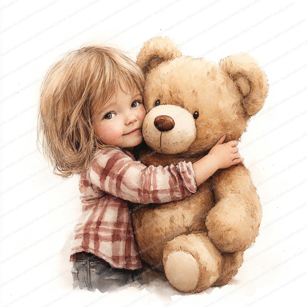 18 テディベアを抱きしめる子供のイラスト | 愛らしい子供とぬいぐるみ