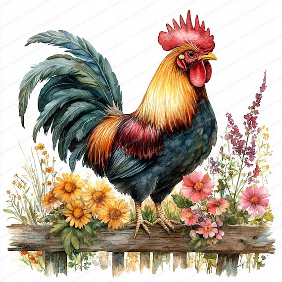 21 Clipart coq avec des fleurs Illustration décorative d'animal