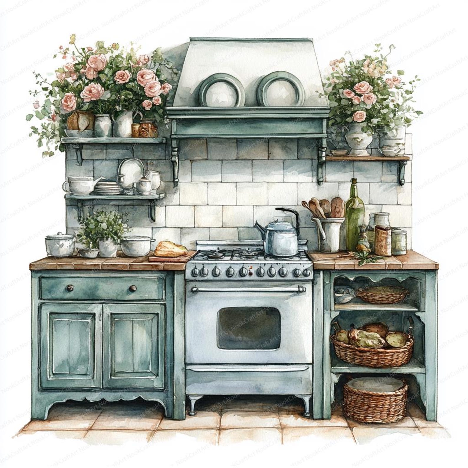 17 Shabby Chic Floral Kitchen Clipart | Printable Watercolor Clipart ...