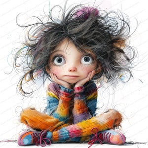 Puede incluir: Una ilustraci&oacute;n de dibujos animados de una ni&ntilde;a con el pelo largo y oscuro, que lleva un jersey colorido y pantalones naranjas. Est&aacute; sentada con las piernas cruzadas y las manos en la barbilla, mirando hacia arriba con una expresi&oacute;n pensativa.