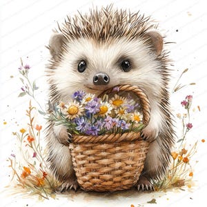 21 Cesta de flores de erizo / Ilustración de un lindo animal primaveral / Clipart de acuarela imprimible / JPG de alta calidad / Diario basura