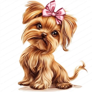 Pode incluir: Um pequeno filhote de Yorkshire Terrier marrom com pelo longo e felpudo est&aacute; sentado e olhando para a c&acirc;mera. O filhote est&aacute; usando um la&ccedil;o rosa na cabe&ccedil;a.