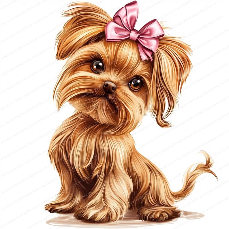 Pode incluir: Um pequeno filhote de Yorkshire Terrier marrom com pelo longo e felpudo est&aacute; sentado e olhando para a c&acirc;mera. O filhote est&aacute; usando um la&ccedil;o rosa na cabe&ccedil;a.