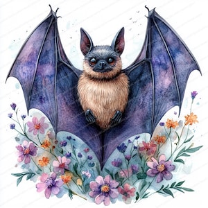 17 vleermuisafbeeldingen met nachtbloemen | Illustratie nachtelijke charme | Afdrukbare aquarel clipart | Hoge kwaliteit JPG's | Papierkunst | dagboek