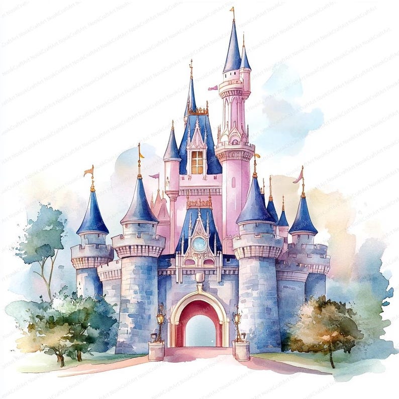 May include: A watercolour painting of a pink and blue castle with multiple towers and a large arched entrance. The castle is surrounded by green trees and bushes.