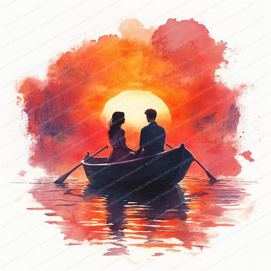 15 ロマンチックな夕焼けボートのクリップアート | 湖の上のカップルの