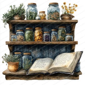 22 Clipart de Boticário de Bruxa | Conjunto de Ervas, Livros e Poções | Clipart de aquarela para impressão | JPGs de alta qualidade | Artesanato em papel | Diário de lixo