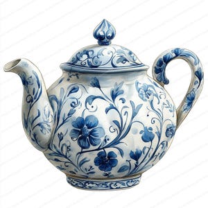 Può includere: Una teiera in porcellana bianca con un motivo floreale blu. La teiera presenta un corpo arrotondato, un beccuccio curvo e un coperchio abbinato con un pomello decorativo. Il motivo floreale blu include fiori e tralci.