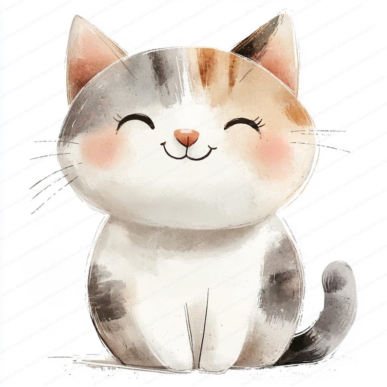 May include: A cute cartoon illustration of a calico cat with closed eyes and a big smile. The cat is sitting with its tail curled around its body. The illustration is done in a watercolor style with soft colors.