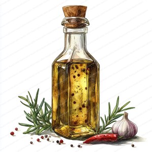 23 Clipart di olio d'oliva infuso di erbe / Illustrazioni di condimenti per insalata gourmet / Clipart acquerello stampabile / JPG di alta qualità / Diario spazzatura