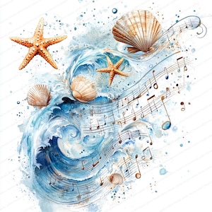 14 notas musicales con temas náuticos / Melodías del océano / Clipart de acuarela imprimible / JPG de alta calidad / Manualidades de papel / Diario