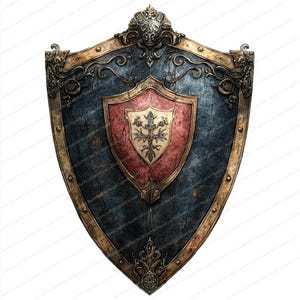 May include: A large, ornate shield with a blue and gold exterior. The shield has a smaller, red shield in the center with a gold design. The shield is made of wood and metal and has a distressed, aged look.