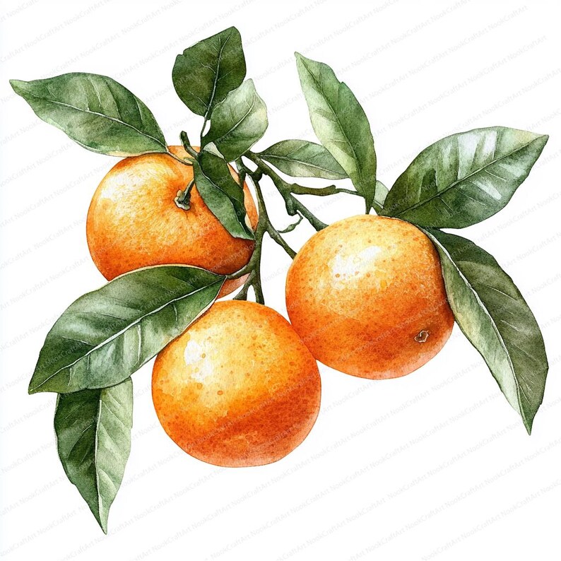 May include: A watercolor painting of three oranges on a branch with green leaves. The oranges are a vibrant orange color and the leaves are a deep green.