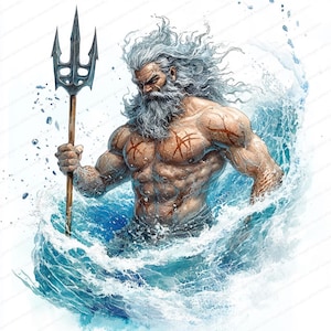 Può includere: Illustrazione ad acquerello di una figura muscolosa con lunghi capelli bianchi e barba, che emerge dall'acqua blu. La figura tiene un tridente e ha segni rossi sul petto. Tema mitologico.