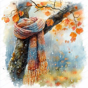 Könnte beinhalten: Aquarellmalerei eines gestrickten Schals in Orange-, Blau- und Rosatönen, der über einem Ast drapiert ist. Die Szene spielt im Herbst, mit orangefarbenen und gelben Blättern. Im Hintergrund fällt Regen, was eine saisonale Atmosphäre schafft.