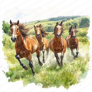 18 chevaux au galop Clipart | Oeuvres d'art de chevaux dans de verts pâturages | Clipart aquarelle imprimable | JPG de haute qualité | Créations artisanales en papier | revue
