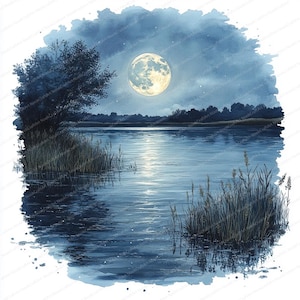 19 maanverlichte meernacht-clipart | Rustig maanlandschap | Afdrukbare aquarel clipart | Hoge kwaliteit JPG's | Papierkunst | Junkjournaal