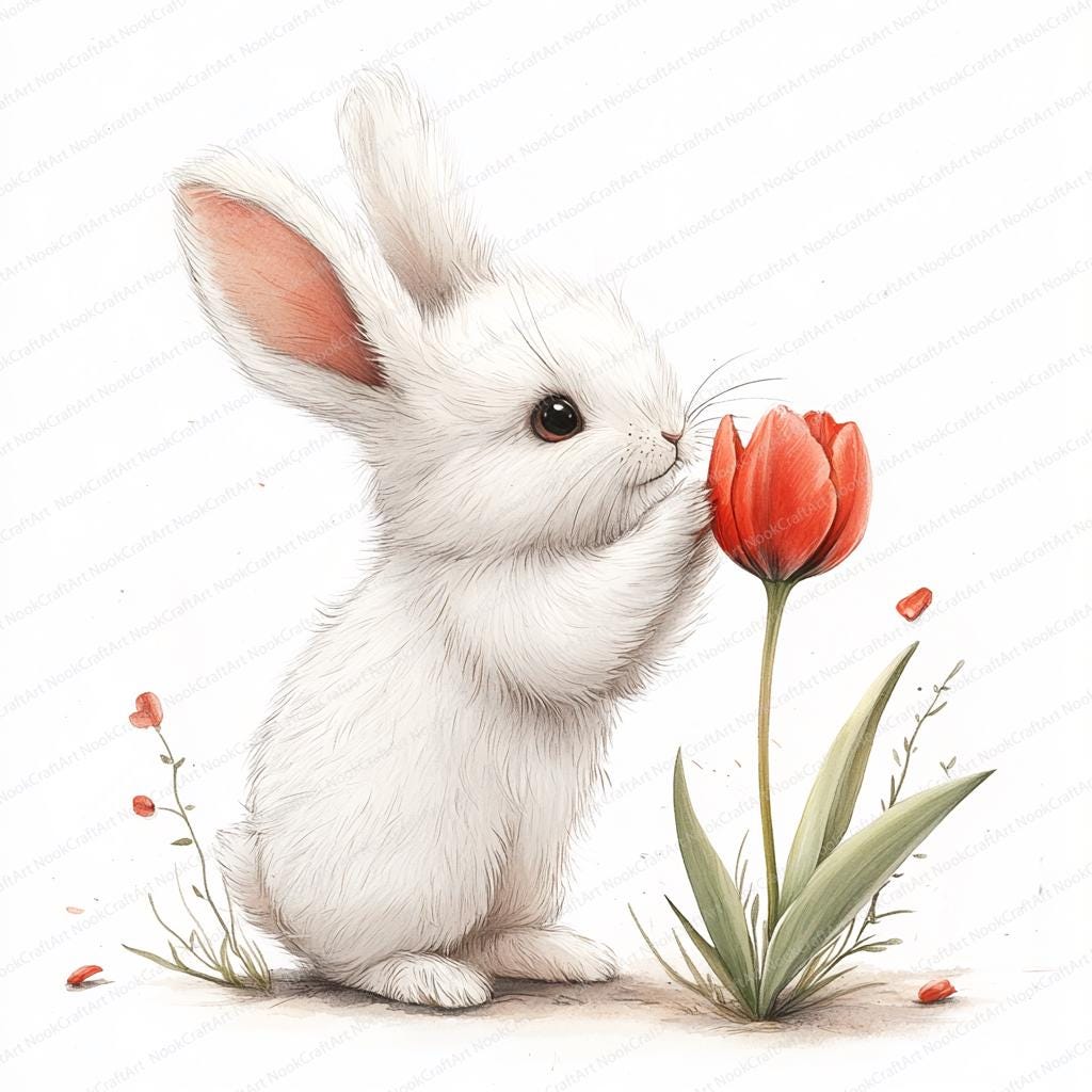17 Rabbit Sniffing Tulip Clipart | Cute Spring Floral Illustration ...