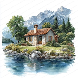 19 Cottage Lake Mountain View Clipart | Illustraties toevluchtsoord aan het meer | Afdrukbare aquarel clipart | JPG's van hoge kwaliteit