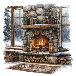 May include: A stone fireplace with a roaring fire inside. The fireplace is surrounded by stacked logs and a rug. There are two windows on either side of the fireplace, showing a snowy winter scene outside.