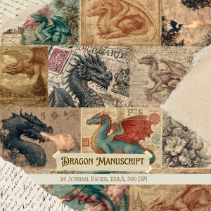 May include: A collage of journal pages featuring various dragon illustrations in shades of brown, green, and blue. The text "DRAGON MANUSCRIPT" is displayed on a banner. The pages are 11x8.5 inches and 300 DPI.