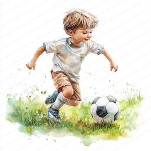 21 Clipart de niño de fútbol / Ilustración de niños jugando deportes / Clipart de acuarela imprimible / JPG de alta calidad / Manualidades de papel / Diario basura