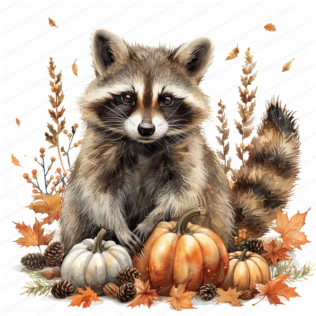 12 Cute Fall Raccoons Clipart | Watercolor Autumn Raccoon | High ...