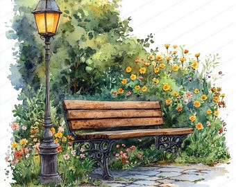 花とベンチ　水彩画 20 春の公園のランタンベンチのクリップアート | 穏やかな夜のイラスト