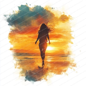 21 Strandläufer Clipart | Silhouette einer Frau am Ufer | Druckbare Aquarell Clipart | Hochwertige JPGs | Papiermodell | Junk Journal