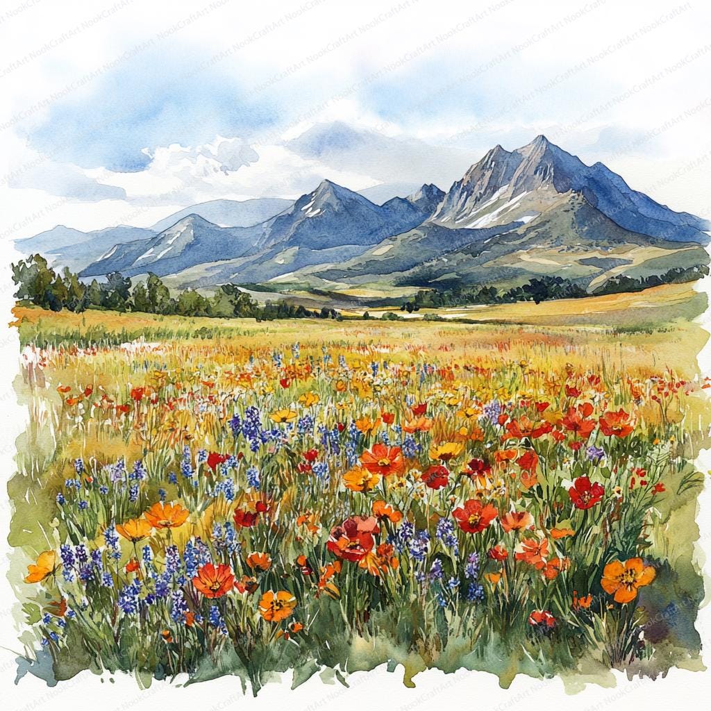 20 野生の花畑のクリップアート | 花が咲く山のイラスト | 印刷可能な