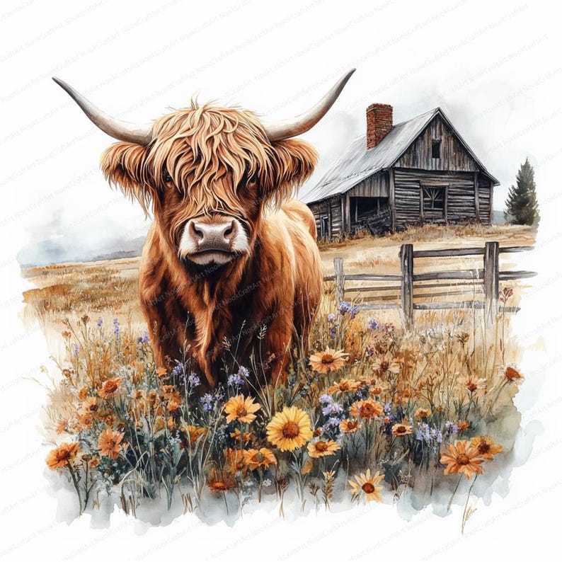 May include: A brown Highland cow with long, shaggy hair stands in a field of wildflowers. The cow is looking directly at the camera. There is a wooden barn in the background.