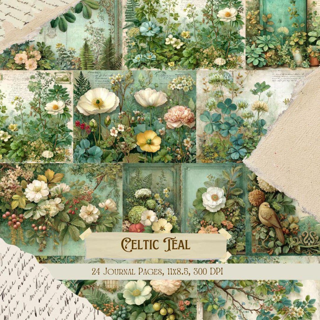 Paper Mythic Celtic Teal Junk Journal Kit | Vintage Knotwork Collage Sheets | Teal ...