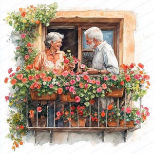 May include: A watercolor painting of an older couple standing on a balcony, looking at each other. They are surrounded by lush green plants with pink flowers. The balcony has a wooden railing and a brick wall behind it.