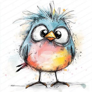 Puede incluir: Ilustraci&oacute;n en acuarela de un p&aacute;jaro de dibujos animados. El p&aacute;jaro presenta ojos grandes y expresivos, un pico amarillo y una cabeza azul con plumas puntiagudas. Su cuerpo es una mezcla de rosa, amarillo y naranja, con contornos y salpicaduras de tinta negra.
