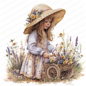 12 花を持つ少女のクリップアート | カートに乗った花 | 印刷可能な水彩画クリップアート | 高品質JPG | デジタルダウンロード、ペーパークラフト、ジャーナル