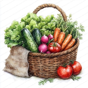 Könnte beinhalten: Aquarell-Illustration eines Weidenkorbs voller frischem Gemüse. Der Korb enthält grünen Salat, Gurken, Radieschen, Tomaten und Karotten. Ein Jutesack ist teilweise sichtbar. Zwei Tomaten befinden sich außerhalb des Korbs.