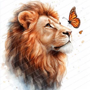 20 Clipart di leone con farfalla / Illustrazione di fauna selvatica maestosa / Clipart di acquerello stampabile / JPG di alta qualità / Artigianato di carta / diario